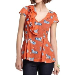Anthropologie Meadow Rue ruffled dog pattern blouse